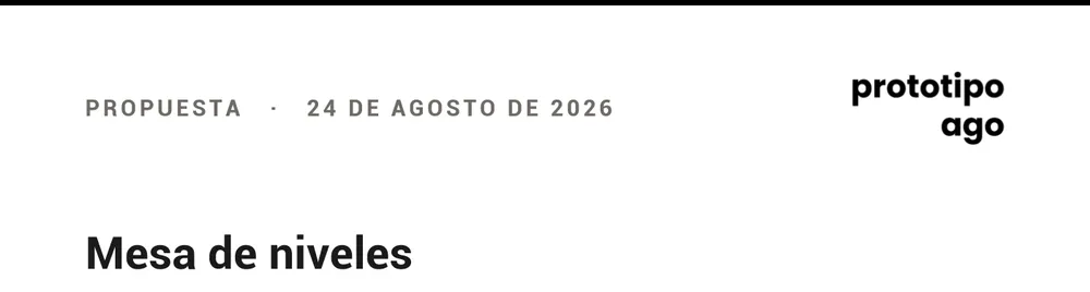 Propuesta de ejemplo de Prototipo Ago para una mesa de niveles, completa: presupuesto, formas de pago, dibujo con medidas, qué incluye, consideraciones y una imagen de referencia.