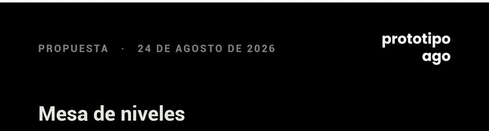 Propuesta de ejemplo de Prototipo Ago para una mesa de niveles, completa: presupuesto, formas de pago, dibujo con medidas, qué incluye, consideraciones y una imagen de referencia.